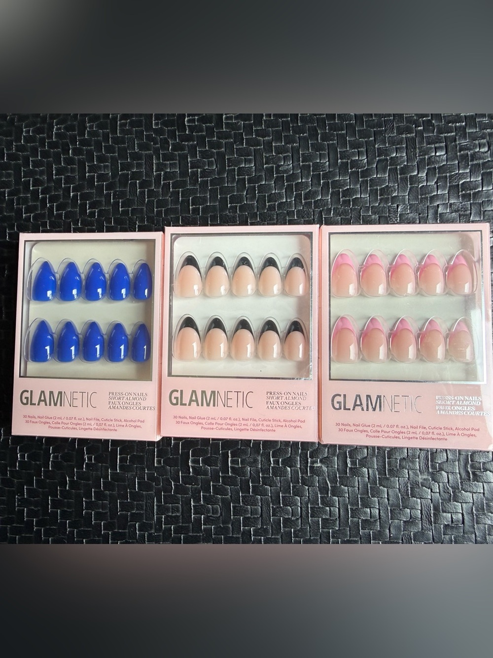 GLAMnetic Women’s Press-On Nail Trio — Royal Blue, Black-Tip Nude & Pink French